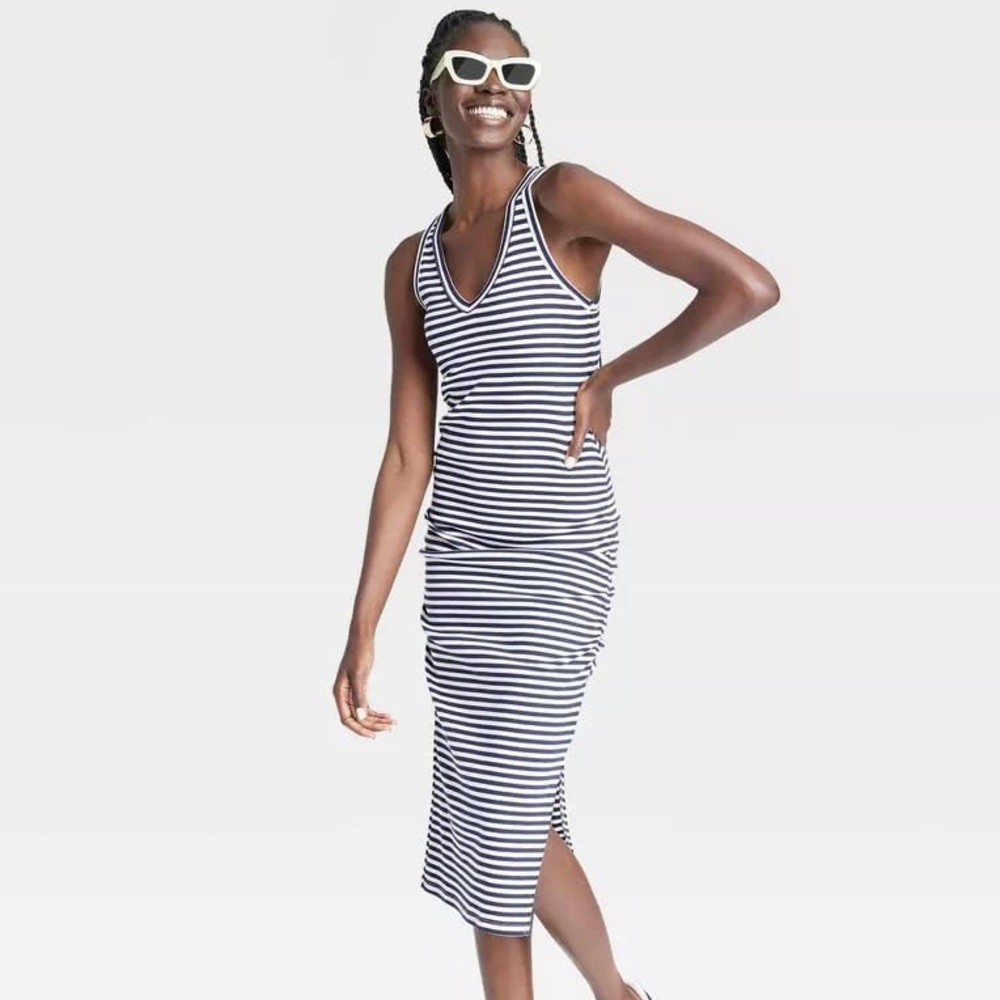A New Day Striped Navy Cream Tank Ribbed Knit Sleeveless side-Ruched Dress XS